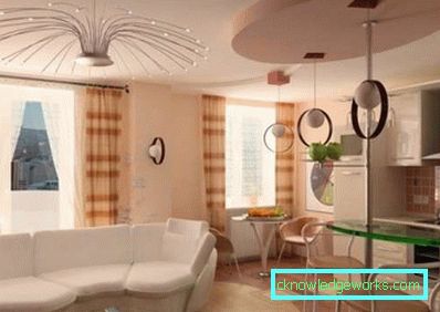 Дизайн кухні вітальні 12 кв м - фото з диваном