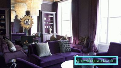 Фіолетові штори в інтер'єрі вітальні - фото ідей
